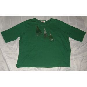 QUACKER FACTORY Green Plus Sz 3X Sparkly Christmas Trees Soft Stretchy Tee Shirt